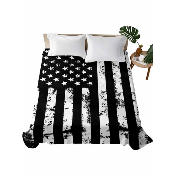 California King Flat Sheet 108"x98", Black White Soft Lightweight Bedding Flat Sheets Only, Retro Stars Stripes Flag Shabby Chic Texture Brushed Microfiber Top Bed Sheet, Breathable Bedsheets