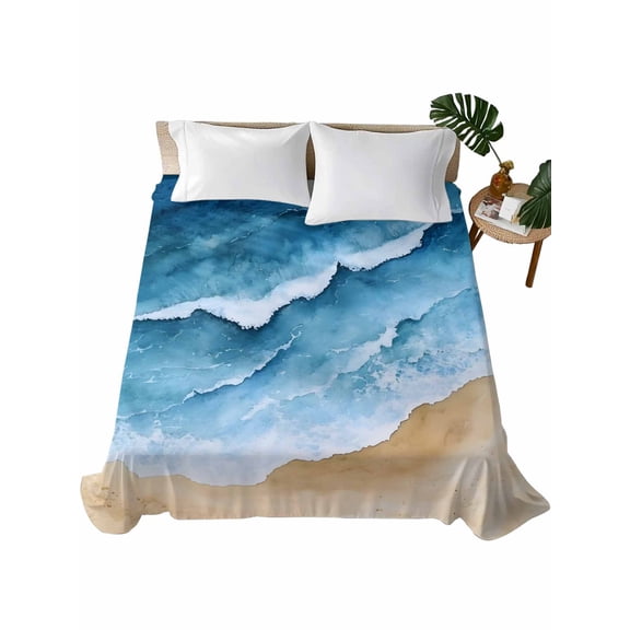 California King Flat Sheet 108"x98", Blue Beach Coastal Soft Lightweight Bedding Flat Sheets Only, Summer Nautical Seaside Ocean Brushed Microfiber Top Bed Sheet, Breathable StainResistant Bedsheets