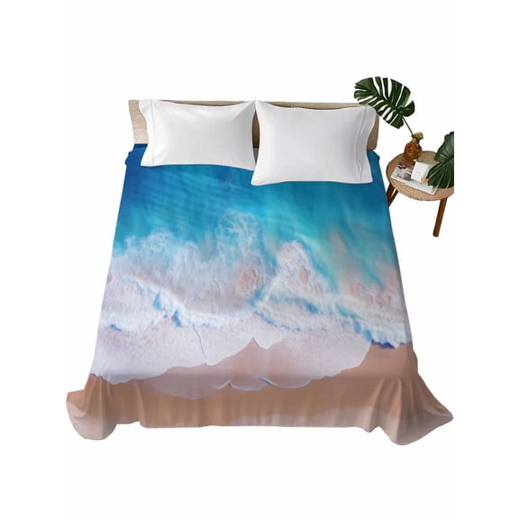 California King Flat Sheet 108"x98", Blue Coastal Soft Lightweight Bedding Flat Sheets Only, Summer Beach Seaside Ocean Nautical Brushed Microfiber Top Bed Sheet, Breathable StainResistant Bedsheets