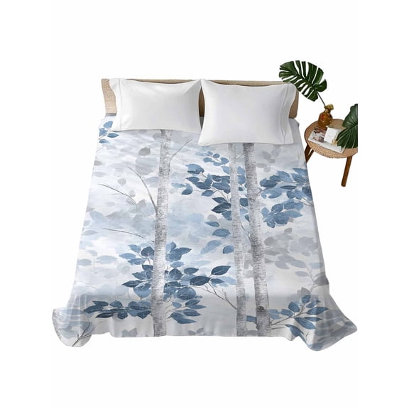 California King Flat Sheet 108"x98", Blue Grey Leaves Soft Lightweight Bedding Flat Sheets Only, Watercolor Branches Vintage Forest Brushed Microfiber Top Bed Sheet, Breathable Bedsheets