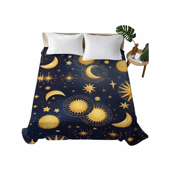 California King Flat Sheet 108"x98", Blue Star Sky Soft Lightweight Bedding Flat Sheets Only, Retro Fantasy Farmhouse Gold Moon Sun Brushed Microfiber Top Bed Sheet, Breathable Bedsheets