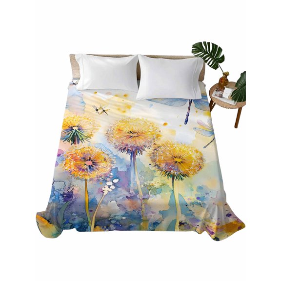 California King Flat Sheet 108"x98", Blue Yellow Dragonfly Soft Lightweight Bedding Flat Sheets Only, Watercolor Spring Flowers Brushed Microfiber Top Bed Sheet, Breathable StainResistant Bedsheets