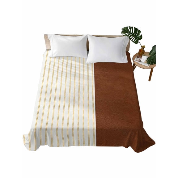 California King Flat Sheet 108"x98", Boho Brown Leather Texture Soft Lightweight Bedding Flat Sheets Only, Modern Yellow Striped Brushed Microfiber Top Bed Sheet, Breathable StainResistant Bedsheets