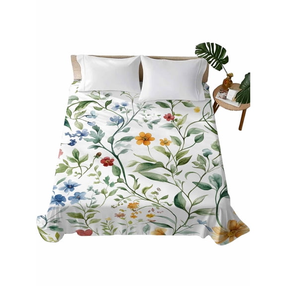California King Flat Sheet 108"x98", Botanical Flower Soft Lightweight Bedding Flat Sheets Only, Plant Tree Branch Floral Spring Leaf Brushed Microfiber Top Bed Sheet, Breathable Bedsheets
