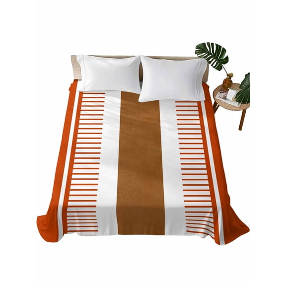 California King Flat Sheet 108"x98", Burnt Orange Farmhouse Soft Lightweight Bedding Flat Sheets Only, Orange Brown Striped Brushed Microfiber Top Bed Sheet, Breathable StainResistant Bedsheets