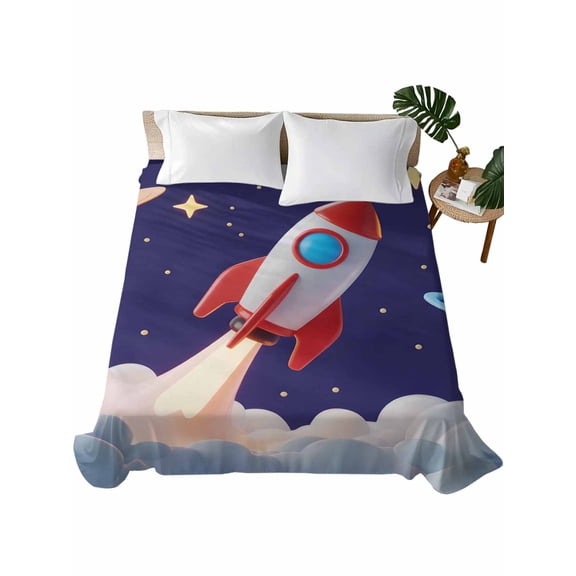 California King Flat Sheet 108"x98", Cartoon Rocket Soft Lightweight Bedding Flat Sheets Only, Funny Space Planet Blue Starry Sky Cloudy Brushed Microfiber Top Bed Sheet, Breathable Bedsheets