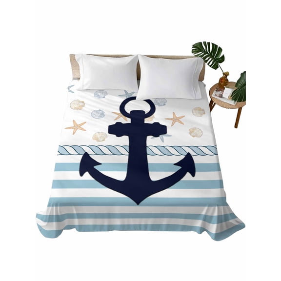 California King Flat Sheet 108"x98", Coastal Nautical Soft Lightweight Bedding Flat Sheets Only, Blue Striped Starfish Shell Beach Brushed Microfiber Top Bed Sheet, Breathable Bedsheets