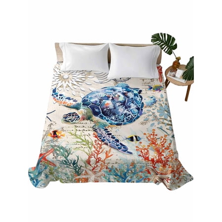 California King Flat Sheet 108"x98", Coastal Sea Turtle Soft Lightweight Bedding Flat Sheets Only, Rustic Vintage Nautical Starfish Coral Brushed Microfiber Top Bed Sheet, Breathable Bedsheets