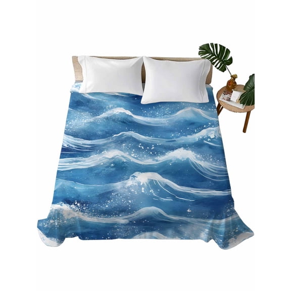 California King Flat Sheet 108"x98", Coastal Waves Soft Lightweight Bedding Flat Sheets Only, Summer Beach Ocean Nautical Watercolor Brushed Microfiber Top Bed Sheet, Breathable Bedsheets