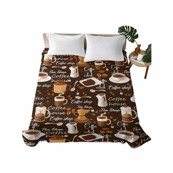 California King Flat Sheet 108"x98", Coffee Soft Lightweight Bedding Flat Sheets Only, Brown Retro Coffee Theme Beans Latte Tea Cup Brushed Microfiber Top Bed Sheet, Breathable Bedsheets