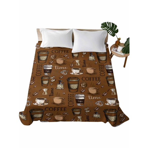 California King Flat Sheet 108"x98", Coffee Theme Soft Lightweight Bedding Flat Sheets Only, Funny Brown Vintage Beans Latte Tea Cup Brushed Microfiber Top Bed Sheet, Breathable Bedsheets
