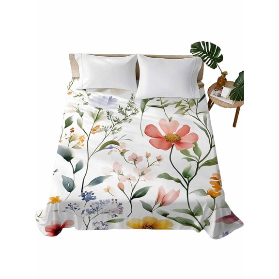 California King Flat Sheet 108"x98", Colored Flower Soft Lightweight Bedding Flat Sheets Only, Green Leaf Aesthetics Pastel Spring Plant Brushed Microfiber Top Bed Sheet, Breathable Bedsheets