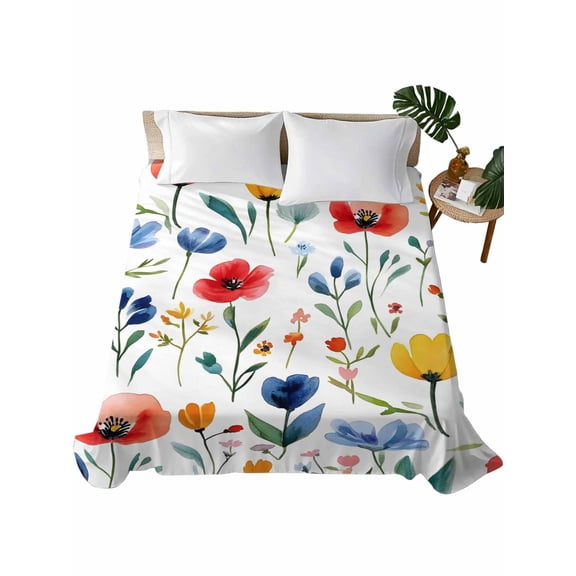 California King Flat Sheet 108"x98", Colorful Poppies Soft Lightweight Bedding Flat Sheets Only, Orange Blue Flowers Leaves Brushed Microfiber Top Bed Sheet, Breathable StainResistant Bedsheets