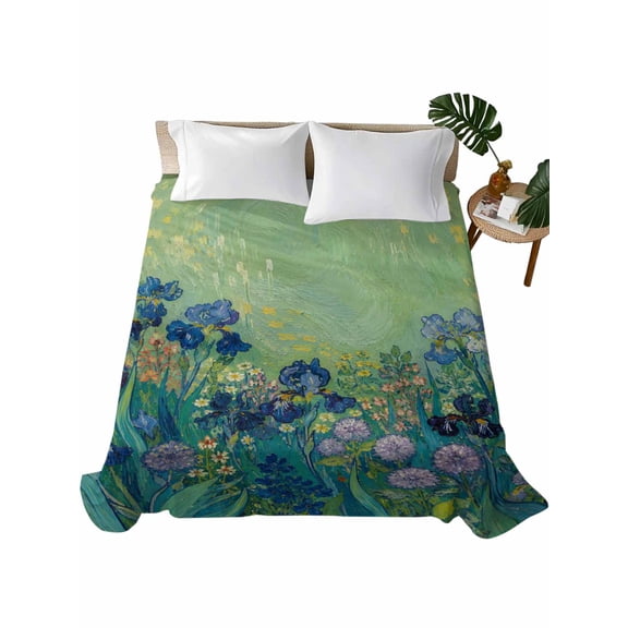 California King Flat Sheet 108"x98", Cottagecore Botanical Soft Lightweight Bedding Flat Sheets Only, Vintage Green Blue Floral Brushed Microfiber Top Bed Sheet, Breathable StainResistant Bedsheets