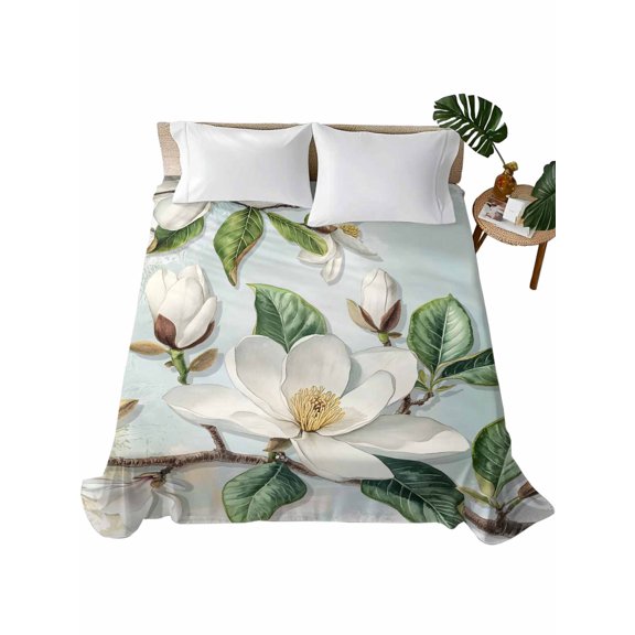 California King Flat Sheet 108"x98", Country Flowers Soft Lightweight Bedding Flat Sheets Only, Spring Botanical Magnolia Branches Brushed Microfiber Top Bed Sheet, Breathable Bedsheets