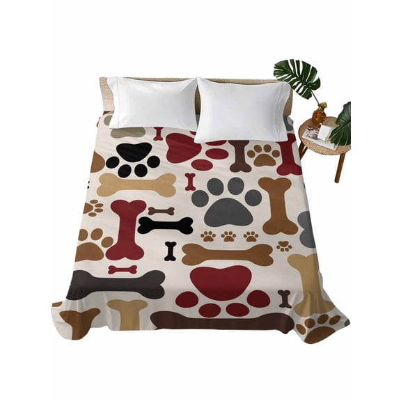 California King Flat Sheet 108"x98", Dog Paw Print Soft Lightweight Bedding Flat Sheets Only, Cartoon Red Brown Animals Paw Bones Brushed Microfiber Top Bed Sheet, Breathable StainResistant Bedsheets