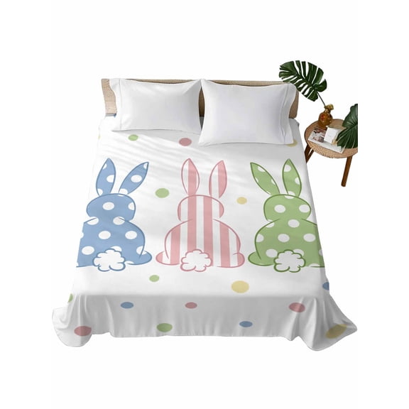 California King Flat Sheet 108"x98", Easter Rabbit Soft Lightweight Bedding Flat Sheets Only, Pink Blue Green Bunny Spring Polka Dots Brushed Microfiber Top Bed Sheet, Breathable Bedsheets