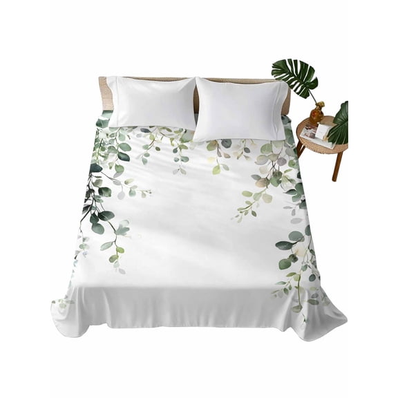 California King Flat Sheet 108"x98", Eucalyptus Leaves Soft Lightweight Bedding Flat Sheets Only, Spring Sage Green Summer Botanical Brushed Microfiber Top Bed Sheet, Breathable Bedsheets