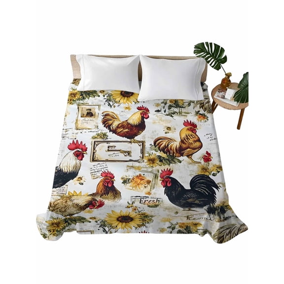 California King Flat Sheet 108"x98", Farm Rooster Soft Lightweight Bedding Flat Sheets Only, Vintage Farmhouse Animals Sunflower Brushed Microfiber Top Bed Sheet, Breathable StainResistant Bedsheets
