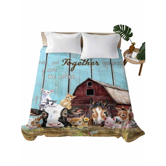 California King Flat Sheet 108"x98", Farmhouse Animals Soft Lightweight Bedding Flat Sheets Only, Pig Cow Retro Farm Blue Wood Grain Brushed Microfiber Top Bed Sheet, Breathable Bedsheets