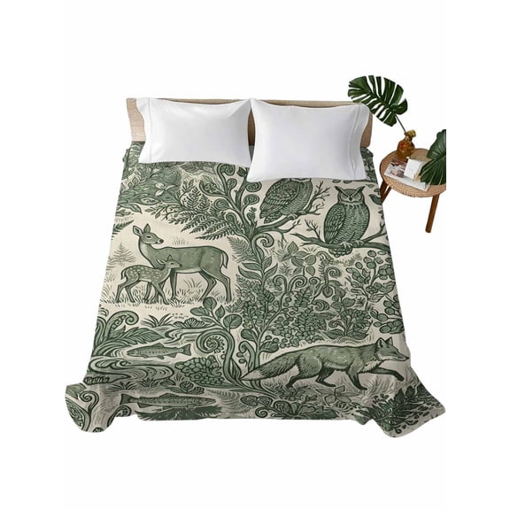California King Flat Sheet 108"x98", Green Botanical Soft Lightweight Bedding Flat Sheets Only, Fox Owl Elk Foliage Rustic Boho Brushed Microfiber Top Bed Sheet, Breathable StainResistant Bedsheets