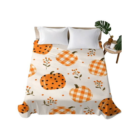 California King Flat Sheet 108"x98", Halloween Soft Lightweight Bedding Flat Sheets Only, Orange Pumpkins Buffalo Plaid Vintage Berry Brushed Microfiber Top Bed Sheet, Breathable Bedsheets