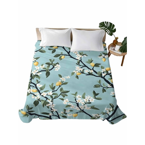 California King Flat Sheet 108"x98", Lemon Flower Soft Lightweight Bedding Flat Sheets Only, Summer Leaves Botanical Garden Florals Brushed Microfiber Top Bed Sheet, Breathable Bedsheets