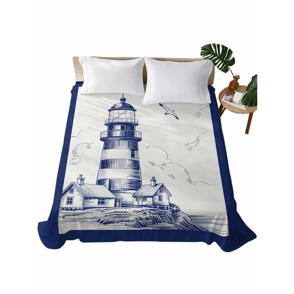 California King Flat Sheet 108"x98", Lighthouse Soft Lightweight Bedding Flat Sheets Only, Ocean Seagull Vintage Navy Blue Coastal Boat Brushed Microfiber Top Bed Sheet, Breathable Bedsheets