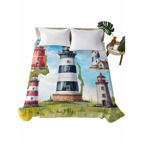 California King Flat Sheet 108"x98", Lighthouse Soft Lightweight Bedding Flat Sheets Only, Red Black Summer Oil Painting Ocean Beach Brushed Microfiber Top Bed Sheet, Breathable Bedsheets