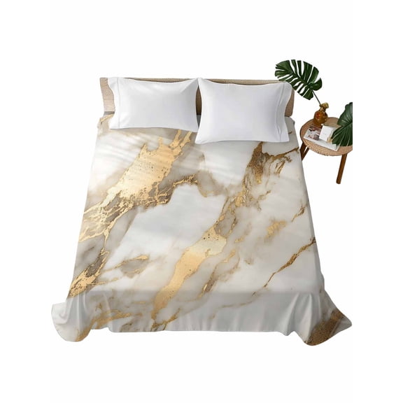 California King Flat Sheet 108"x98", Marble Gold Soft Lightweight Bedding Flat Sheets Only, Abstract Luxury Wave Gold Marbling Modern Brushed Microfiber Top Bed Sheet, Breathable Bedsheets