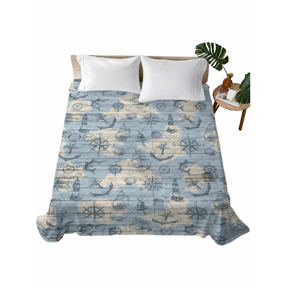 California King Flat Sheet 108"x98", Nautical Blue Soft Lightweight Bedding Flat Sheets Only, Sailing Anchor Compass Lighthouse Fish Brushed Microfiber Top Bed Sheet, Breathable Bedsheets