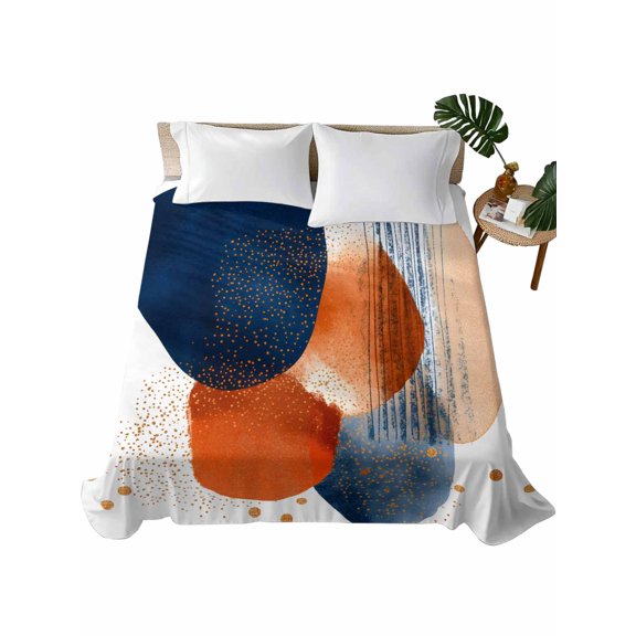 California King Flat Sheet 108"x98", Navy Blue Burnt Orange Soft Lightweight Bedding Flat Sheets Only, Artwork Vintage Geometric Brushed Microfiber Top Bed Sheet, Breathable StainResistant Bedsheets
