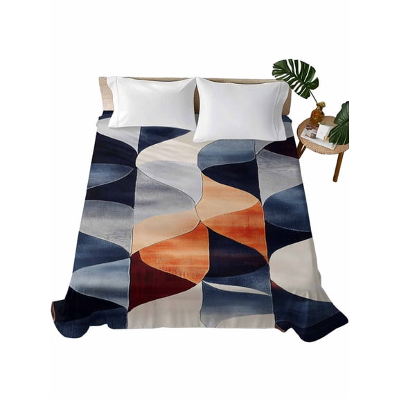 California King Flat Sheet 108"x98", Navy Blue Burnt Orange Soft Lightweight Bedding Flat Sheets Only, Geometric Retro Abstract Brushed Microfiber Top Bed Sheet, Breathable StainResistant Bedsheets