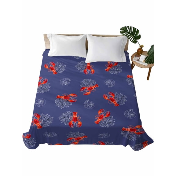California King Flat Sheet 108"x98", Navy Blue Coastal Soft Lightweight Bedding Flat Sheets Only, Red Lobster Nautical Ocean Brushed Microfiber Top Bed Sheet, Breathable StainResistant Bedsheets
