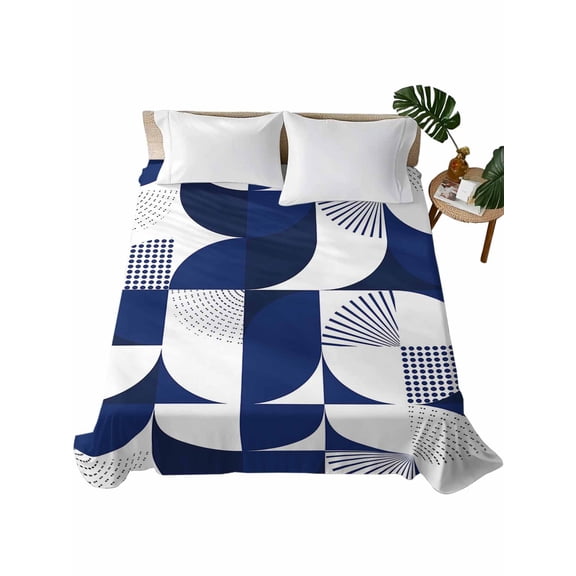 California King Flat Sheet 108"x98", Navy Blue Geometric Soft Lightweight Bedding Flat Sheets Only, Middle Century Modern Abstract Art Brushed Microfiber Top Bed Sheet, Breathable Bedsheets