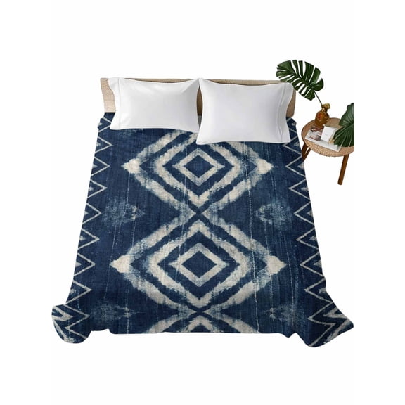 California King Flat Sheet 108"x98", Navy Blue Soft Lightweight Bedding Flat Sheets Only, Vintage Tribal Abstract Geometric Tie Dye Art Brushed Microfiber Top Bed Sheet, Breathable Bedsheets
