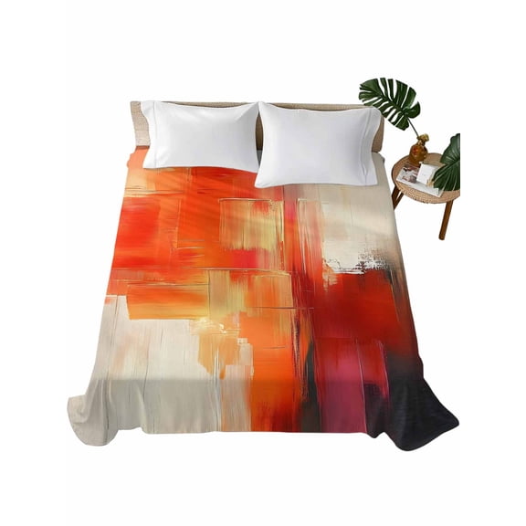 California King Flat Sheet 108"x98", Orange Red Brown Soft Lightweight Bedding Flat Sheets Only, Abstract Modern Oil Painting Street Art Brushed Microfiber Top Bed Sheet, Breathable Bedsheets
