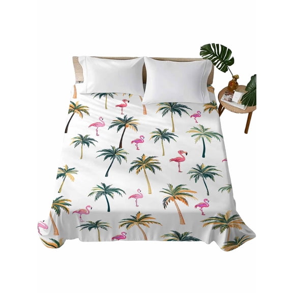 California King Flat Sheet 108"x98", Palm Trees Soft Lightweight Bedding Flat Sheets Only, Watercolor Tropical Flamingo Summer Brushed Microfiber Top Bed Sheet, Breathable StainResistant Bedsheets