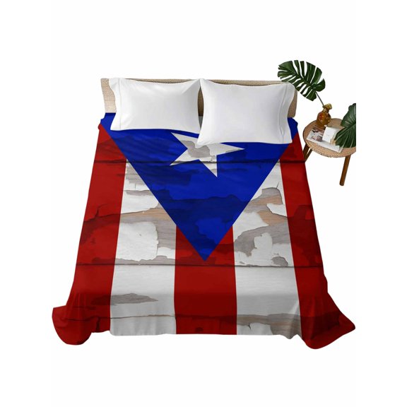 California King Flat Sheet 108"x98", Puerto Rican Flag Soft Lightweight Bedding Flat Sheets Only, Vintage Geometric Art Wooden Brushed Microfiber Top Bed Sheet, Breathable StainResistant Bedsheets
