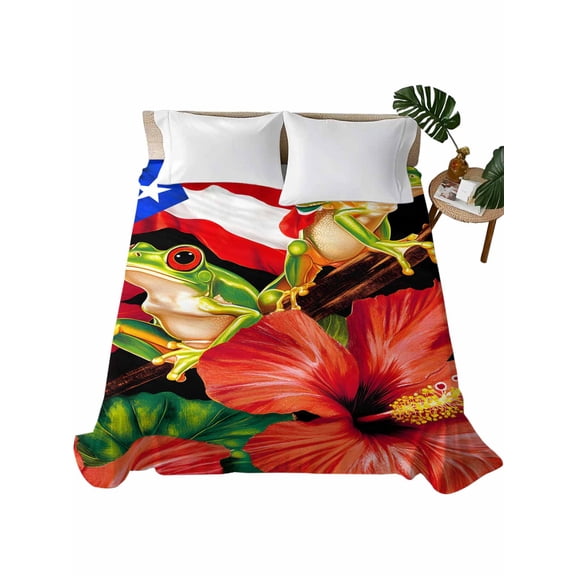 California King Flat Sheet 108"x98", Puerto Rico Flag Soft Lightweight Bedding Flat Sheets Only, Frog Red Flower Summer Leaf Brushed Microfiber Top Bed Sheet, Breathable StainResistant Bedsheets