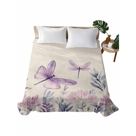 California King Flat Sheet 108"x98", Purple Florals Soft Lightweight Bedding Flat Sheets Only, Spring Butterflies Dragonfly Retro Beige Brushed Microfiber Top Bed Sheet, Breathable Bedsheets