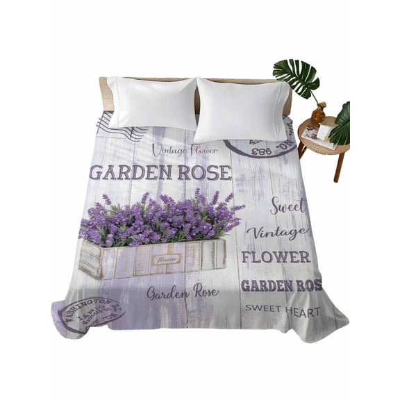 California King Flat Sheet 108"x98", Purple Vintage Lavenders Soft Lightweight Bedding Flat Sheets Only, Farmhouse Wooden Retro Art Brushed Microfiber Top Bed Sheet, Breathable Bedsheets