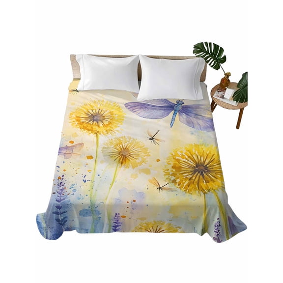 California King Flat Sheet 108"x98", Purple Yellow Dragonfly Soft Lightweight Bedding Flat Sheets Only, Watercolor Spring Floral Brushed Microfiber Top Bed Sheet, Breathable StainResistant Bedsheets