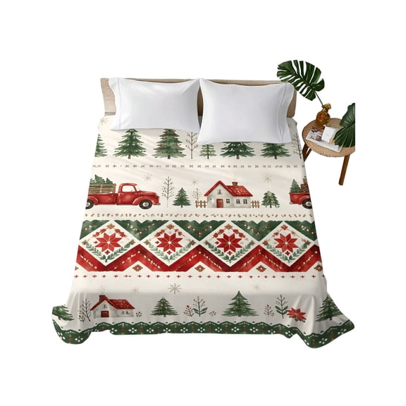 California King Flat Sheet 108"x98", Red Green Christmas Soft Lightweight Bedding Flat Sheets Only, Winter Farmhouse Pine Trees Truck Brushed Microfiber Top Bed Sheet, Breathable Bedsheets