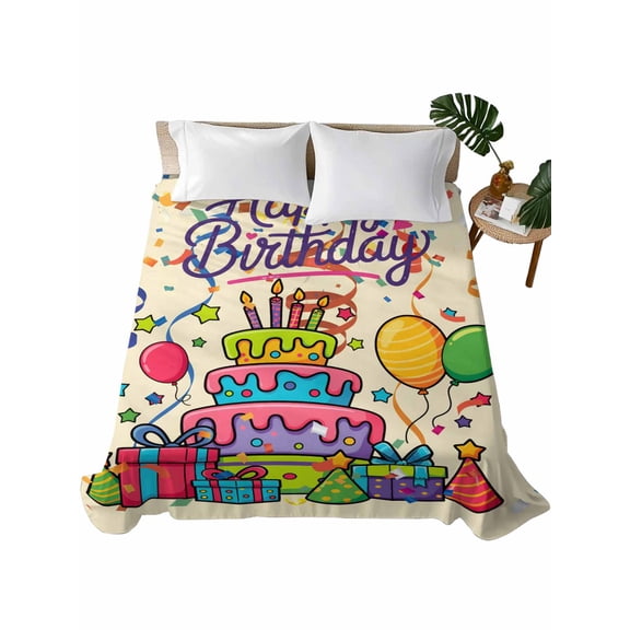 California King Flat Sheet 108"x98", Ribbon Happy Birthday Soft Lightweight Bedding Flat Sheets Only, Cute Cake Balloon Colorful Brushed Microfiber Top Bed Sheet, Breathable StainResistant Bedsheets