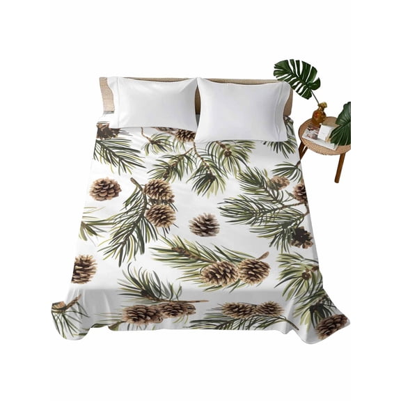 California King Flat Sheet 108"x98", Sage Green Christmas Soft Lightweight Bedding Flat Sheets Only, Pine Cones Xmas Botanical Brushed Microfiber Top Bed Sheet, Breathable StainResistant Bedsheets