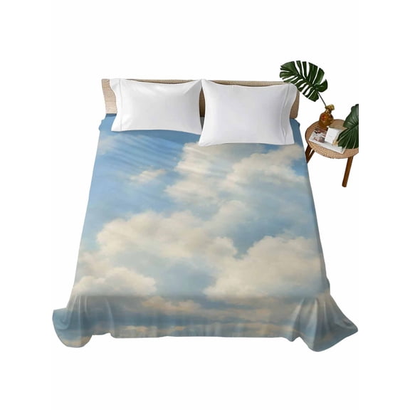 California King Flat Sheet 108"x98", Sky White Clouds Soft Lightweight Bedding Flat Sheets Only, Modern Simple Nature Landscape Blue Brushed Microfiber Top Bed Sheet, Breathable Bedsheets