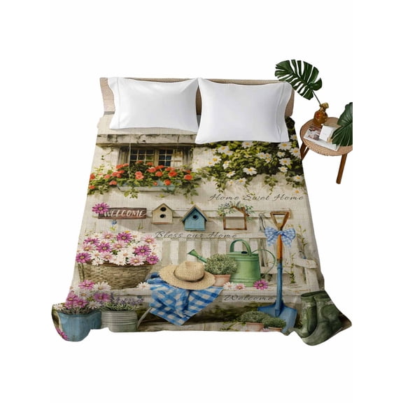 California King Flat Sheet 108"x98", Spring Daisy Soft Lightweight Bedding Flat Sheets Only, Flowers Farmhouse Leaves Floral Pots Country Retro Brushed Microfiber Top Bed Sheet, Breathable Bedsheets