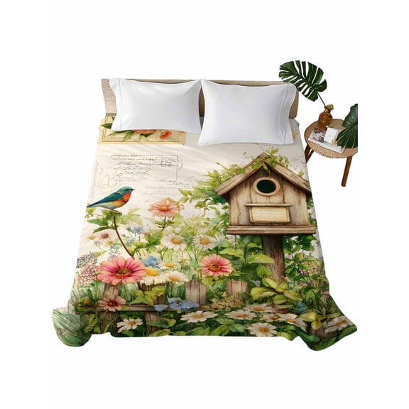 California King Flat Sheet 108"x98", Spring Floral Soft Lightweight Bedding Flat Sheets Only, Birds Cabin Daisy Watercolor Botanical Farmhouse Brushed Microfiber Top Bed Sheet, Breathable Bedsheets