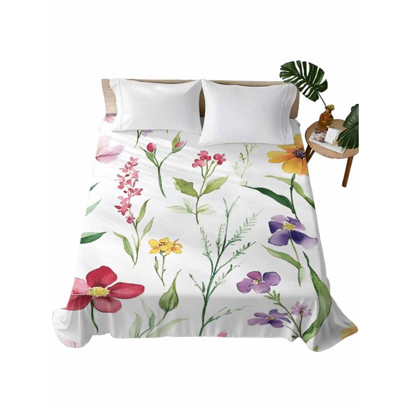 California King Flat Sheet 108"x98", Spring Flowers Soft Lightweight Bedding Flat Sheets Only, Pastoral Botanical Blossom Floral Brushed Microfiber Top Bed Sheet, Breathable StainResistant Bedsheets